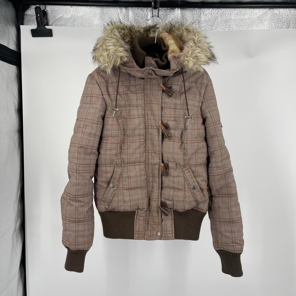 Vintage Y2K Aeropostale Women's Plaid Puffer Jacket Faux Fur Hood S Bella Elena